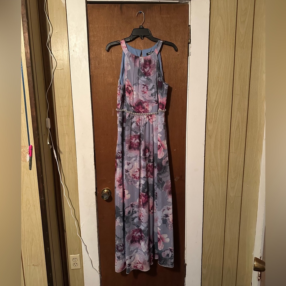 SLNY Blue and Pink Floral Maxi Dress